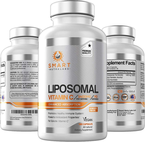 Liposomal Vitamin C 1400mg, 180 Vegan Capsules, Fat Soluble High Absorption VIT C for Immune System Support