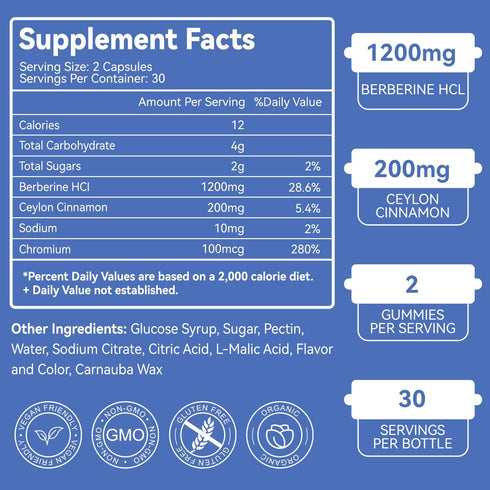 Berberine Supplement Gummies 1200mg - 120 Gummies with Ceylon Cinnamon for Metabolism & Energy Support