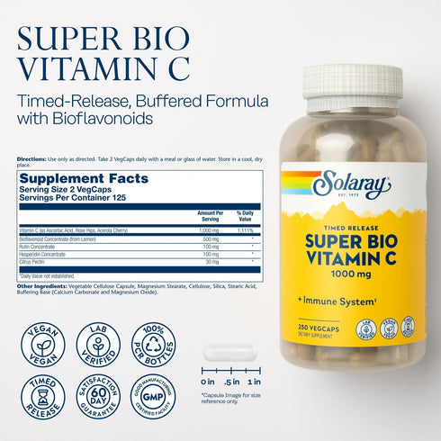 SOLARAY Super Bio Vitamin C 1000mg, Buffered, Time Release Capsules with Bioflavonoids, Two-Stage for High Absorption & All Day Immune Support, Vegan, 60 Day Guarantee, 125 Servings, 250 VegCaps