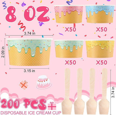 Ninehaoou 200 Pack 8 oz Frozen Paper Ice Cream Cups with Wooden Spoons, Disposable Dessert Bowls, Colorful Sundae Bar