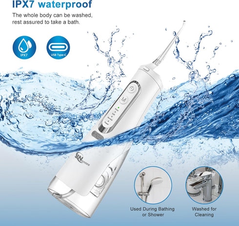 JNGOODS Cordless Water Dental Flosser, 310ml Rechargeable Oral Irrigator with 4 Modes and 4 Jet Tips (White)