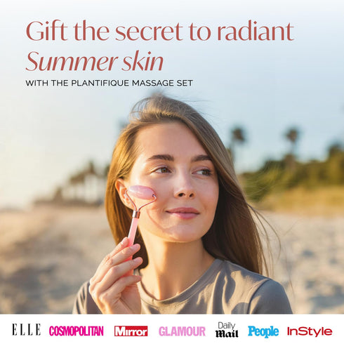 PLANTIFIQUE Rose Quartz Face Roller and Gua Sha Set - Certified Rose Quartz Roller and Gua Sha Set for Your Skincare