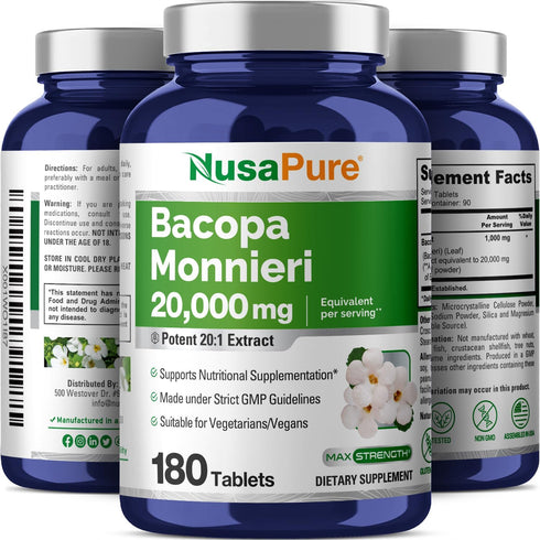NusaPure Bacopa Leaf Monnieri Extract - 20,000 mg, 180 Tablets (Extract 20:1, Non-GMO)