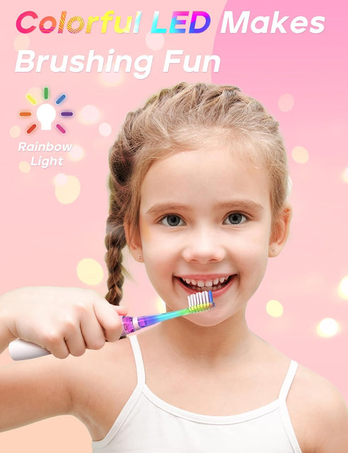 SEAGO Kids Electric Toothbrush - 2 Mins Brushing Timer, 8 Replacement Brush Heads, Pink Color for Ages 4-12