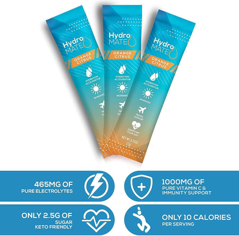 HydroMATE Electrolytes Powder Packets, Low Sugar Hydration Accelerator Drink Mix with Vitamin C, Orange, 30 Count