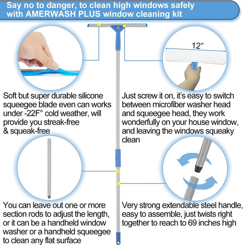 Window Squeegee Washing Kit for High Windows, Shower Glass Door, Mirror Cleaning, with 69-inch Extension Pole & 2