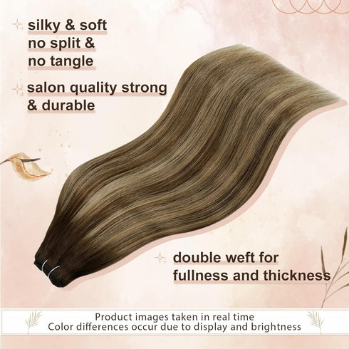 Hetto 12 Inch Sew in Hair Extensions, Balayage Brown to Blonde Weft, 70g Real Human Hair Extensions
