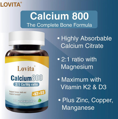 Calcium 800 mg - Highly Absorbable Calcium Citrate with Vitamin D3 & K2, Vegan Supplement for Bone Health (120 Tablets,