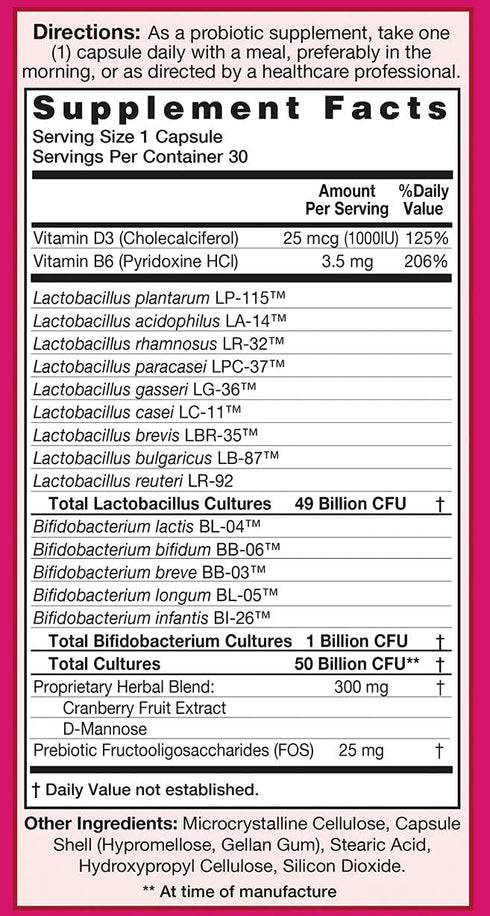 UriProbio Women's Probiotic Supplement - Supports Healthy Urinary Tract with Vitamin D3, B6, Cranberry & D-Mannose