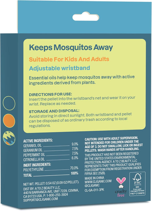 Cliganic Mosquito Repellent Pack, 3 Wristbands + 6 Refill Pellets, Adjustable, Natural DEET-Free