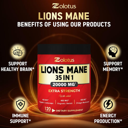35 in 1 Lions Mane Mushroom Capsules, 20000mg Equivalent with Cordyceps, Reishi, Elderberry, Ginseng - 120 Capsules