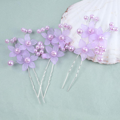Pearl Bride Wedding Hair Pins, Purple Bead Hair Piece, Bridal Flower Headpieces for Women and Girls (Pack of 3)