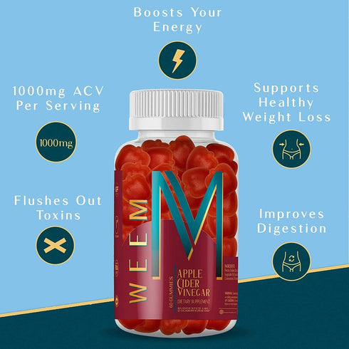 Gummies B12 WEEM Apple Cider Vinegar - Natural, Vegan ACV with Folic Acid- Gluten Free - Vitamin - Premium Detox