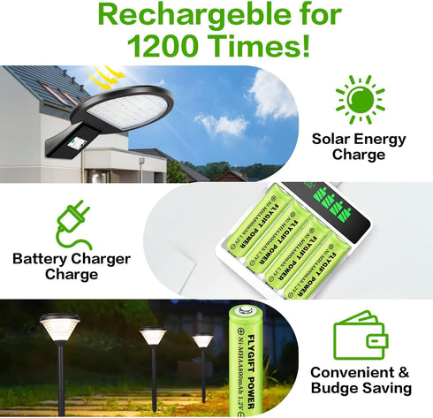 AA Rechargeable Batteries 800mAh Ni-MH, 1.2V High Capacity Precharged for Garden and Landscape Lights, 12 Pack