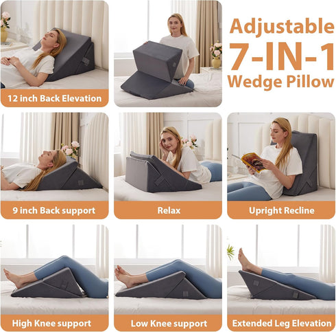 Wedge Pillow for Sleeping, 9&12” Body Pillow for Back & Neck Pain Relief, Memory Foam Wedge Pillow (Grey)