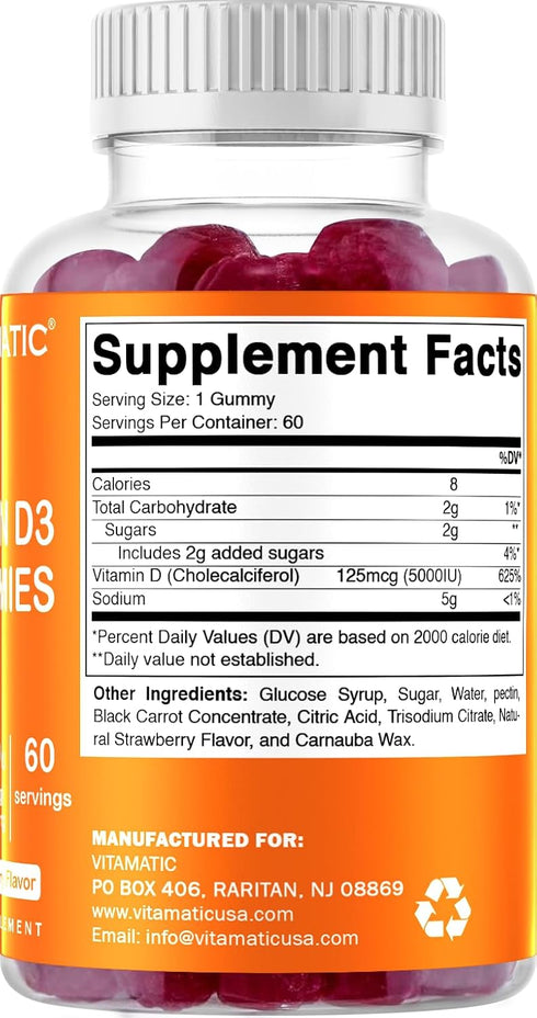 Vitamatic 2 Pack Vitamin D3 Gummies - 5000 IU Per Gummy, 120 Count for Healthy Bones, Teeth, Mood