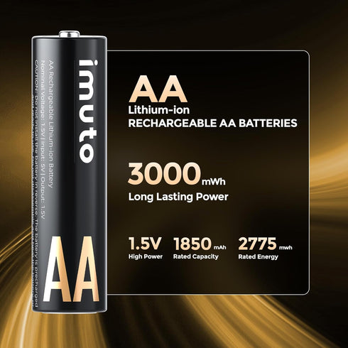 imuto 4 Pack 3000mWh 1.5V 1600x Rechargeable AA Lithium Battery, High Capacity Double A Li-ion Battery, Recharge up