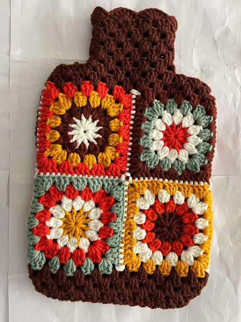 YDMZZB Pattern,2L Crochet Hot Water Bottle Cover,Granny Square Crochet Only Cover Bag (Rainbow Sunflower)