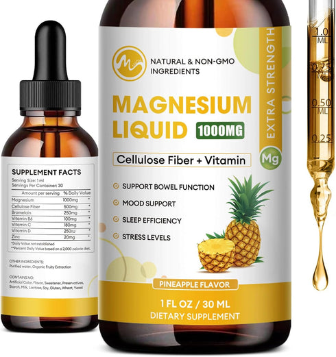 Magnesium Glycinate Liquid - 2 Pack - 1000mg Magnesium Liquid Supplement with Cellulose Fiber, Bromelain, Vitamins B6,