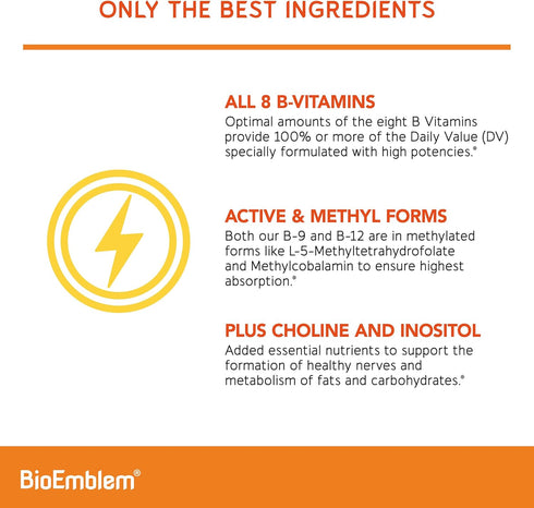 BioEmblem Vitamin B-Complex - 90 Capsules with All 8 Active Forms, Supports Energy, Metabolism, Brain & Heart Health