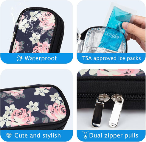 YOUSHARES Portable Insulin Cooler Travel Case, Refrigerated Medicine Case for Insulin Pen with 2 Ice Packs (Roses)