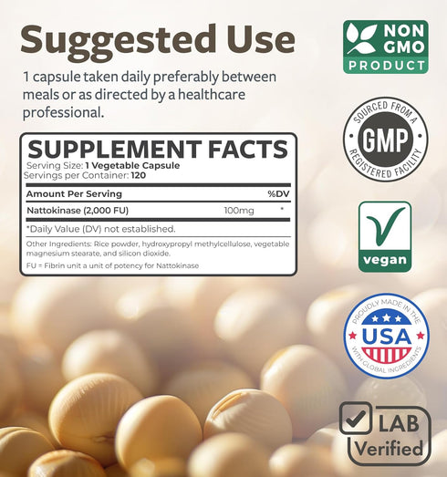 Healths Harmony Nattokinase 2000 FU - Powerful Nattokinase Supplement from Naturally Fermented Soybeans (120 Vegan