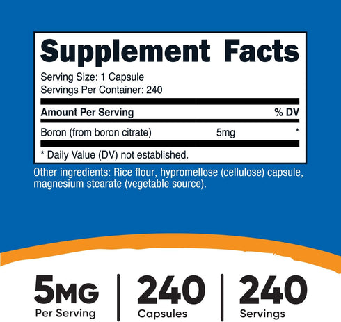 Nutricost Boron Capsules 5mg, 240 Vegetarian Capsules - Gluten Free and Non-GMO