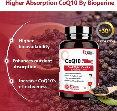 NATURE TARGET CoQ10-200mg with PQQ, L-Carnitine & Omega-3s - High Absorption Coenzyme-Q10, Supports Heart & Immune