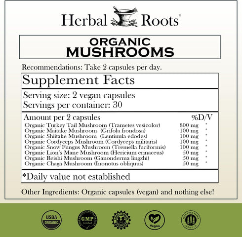 Herbal Roots Organic 8 Mushroom Blend Supplement Capsules - 100% Fruiting Body Extracts for Wellness and Immunity