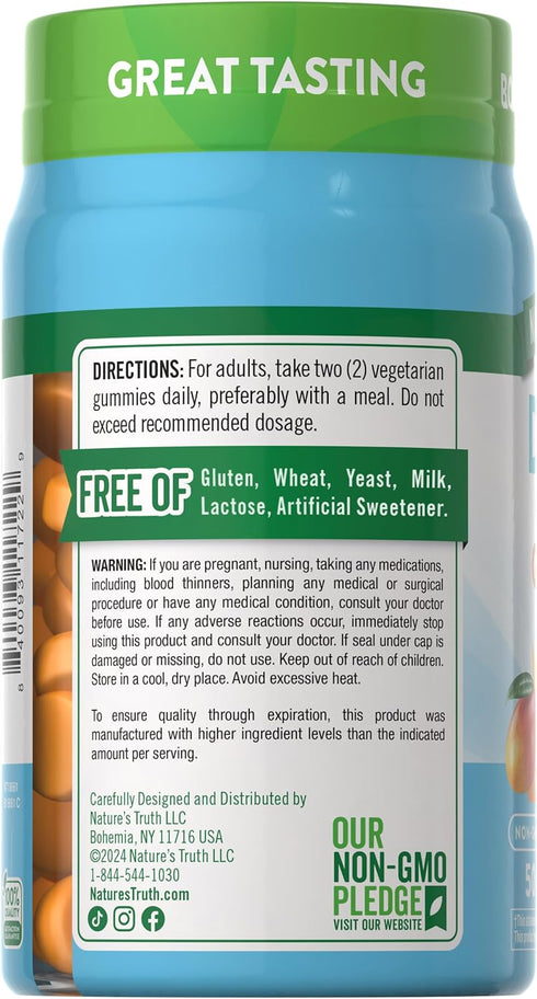 Nature's Truth Vitamin K2 + D3 Gummy Complex, 50 Count, Vegetarian, Non-GMO, Gluten Free, Peach Mango Flavor