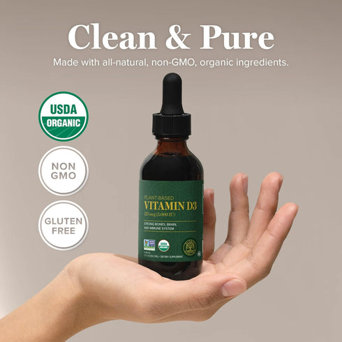 Global Healing USDA Organic Vitamin D3 5000IU Liquid Drops for Women & Men - 2 Fl Oz Non-GMO Supplement for Bones &