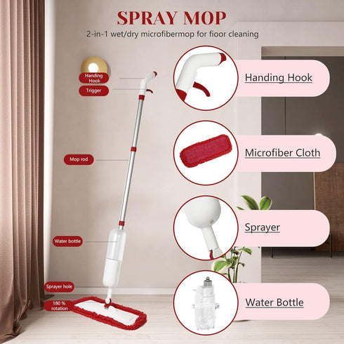 Spray Mop for Floor Cleaning, Wet Dry Microfiber Mop with 4 Washable Pads and 650 ml Refillable Bottle