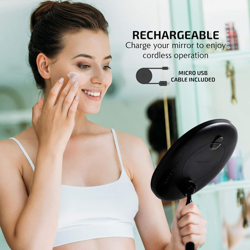 OVENTE 9" Rechargeable Lighted Tabletop Makeup Mirror, 1X Magnifying with 10X Mini Magnetic Mirror, Black