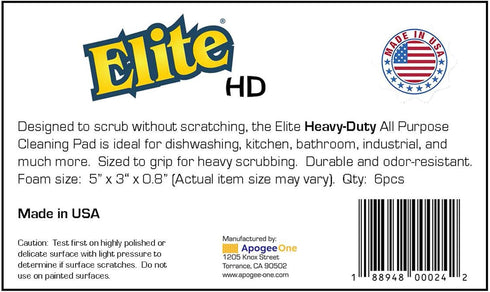 Elite HD Heavy Duty All Purpose Cleaning Pad, 6 Pack, Non Scratch Dish Sponge, Made in USA