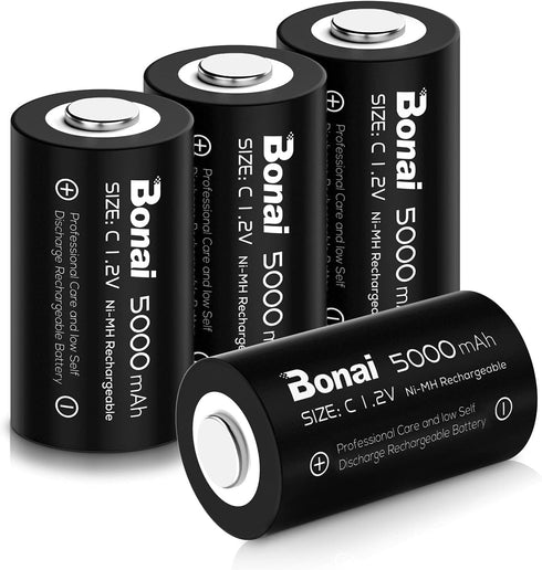 BONAI Rechargeable C Batteries, 5000mAh 1.2V Ni-MH High Capacity C Size Battery (4 Pack)