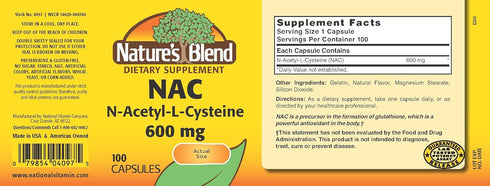 Nature's Blend NAC Supplement N-Acetyl-L-Cysteine 600mg 100 Capsules - Immune Support, Antioxidant for Cellular Health