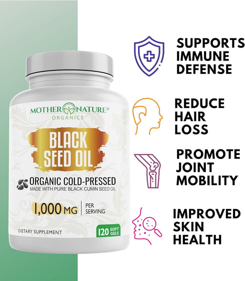Organic High Potency Turkish Black Seed Oil Capsules, Cold Pressed, Non-GMO, 1,000mg Dose (120ct)