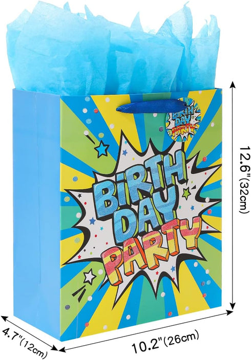 Vammy 13" Large Birthday Gift Bag with Tissue Paper, 2 Pack Paper Gift Bags for Fireworks Birthday Party, Colorful Cake