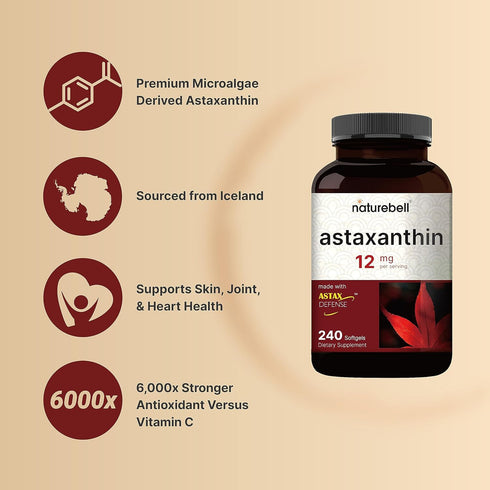 NatureBell Astaxanthin 12mg, 240 Softgels | Natural Antioxidant from Microalgae for Eye, Skin & Cellular Health, Max