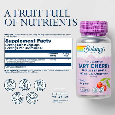 Triple Strength Tart Cherry Extract Capsules, 60-Day Guarantee, 90 VegCaps by SOLARAY