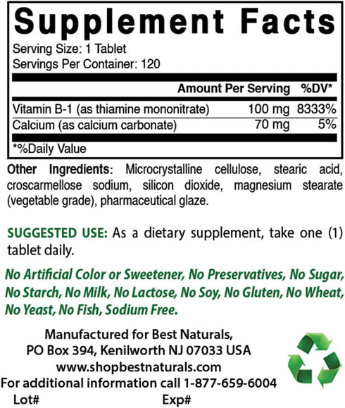Best Naturals Vitamin B1 as Thiamine Mononitrate 100 mg, 120 Tablets (Pack of 1)
