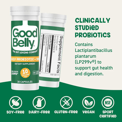 GoodBelly Probiotic Capsules for Digestive Health & Iron Absorption, Vegan Supplement with 10 Billion Cultures, 30