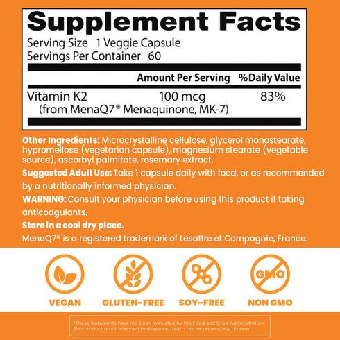 K2 MK7 100 K-2 MK-7 MenaQ7, 60 Doctor's Best Natural Vitamin Supplement for Men & Women - Bone Health Support, mcg