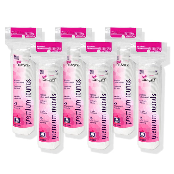 Swisspers Premium Cotton Rounds, 100 Count (Pack of 6) - 100% Pure Cotton, Soft, Hypoallergenic Pads for Makeup Removal