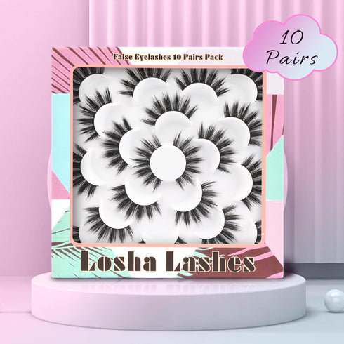 Losha 10 Pairs Wispy Faux Mink False Eyelashes, Soft 3D Volume Handmade Reusable Dramatic Long Eye Lashes Pack