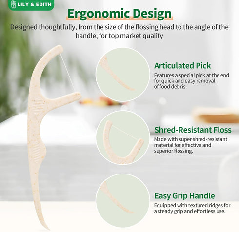 LILY & EDITH Biodegradable Dental Floss Picks - 300 Counts, Fluoride-Free, Plant Based, Zero Waste Package