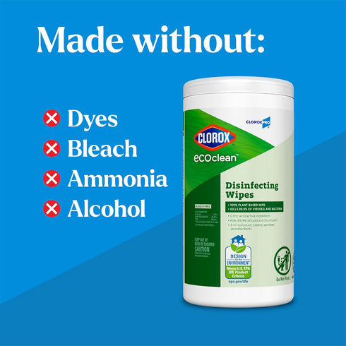 CloroxPro Clorox EcoClean Disinfecting Wipes, 100% Plant Based, Antibacterial Cleaning Cloths, Safe for Multi Surface