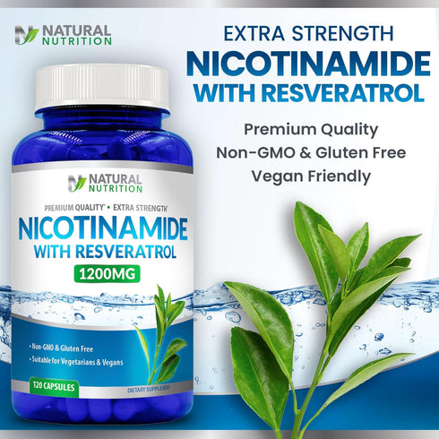 Natural Vitamin Extra Strength Nicotinamide with Resveratrol 1200mg, 120 Veggie Capsules Gluten Free & Non-GMO