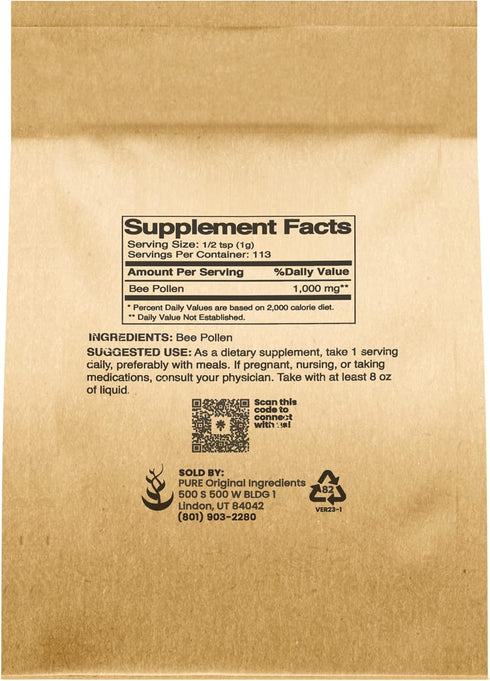 PURE ORIGINAL INGREDIENTS Bee Pollen, 4 oz, No Fillers, Undiluted Pure Supplement