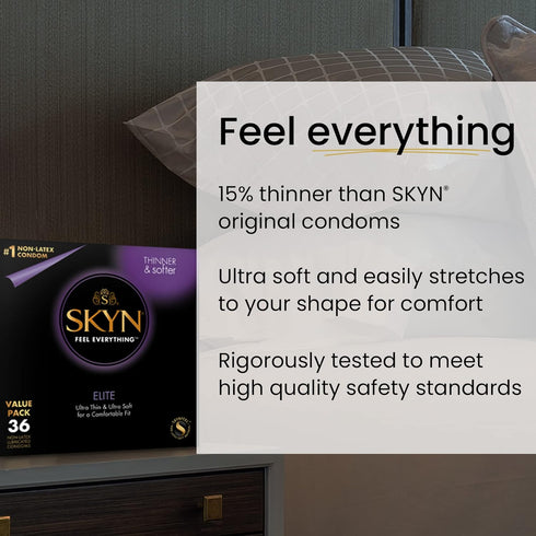 SKYN 36 Elite ct Condoms and All Night Long Premium Silicone-Based Lubricant Bundle